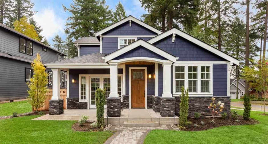 Exterior Paint Color Scheme with Dark Blue, Grey, and White
