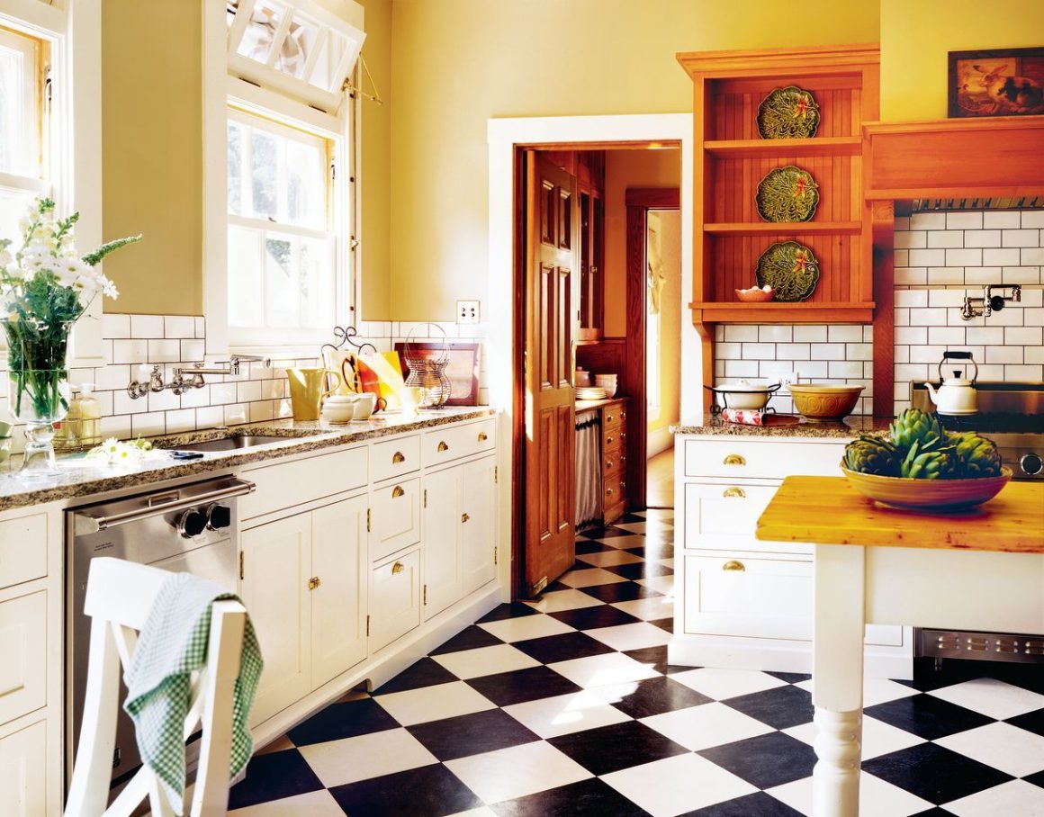 Light Wood Cabinets with Black and White Kitchen Floor